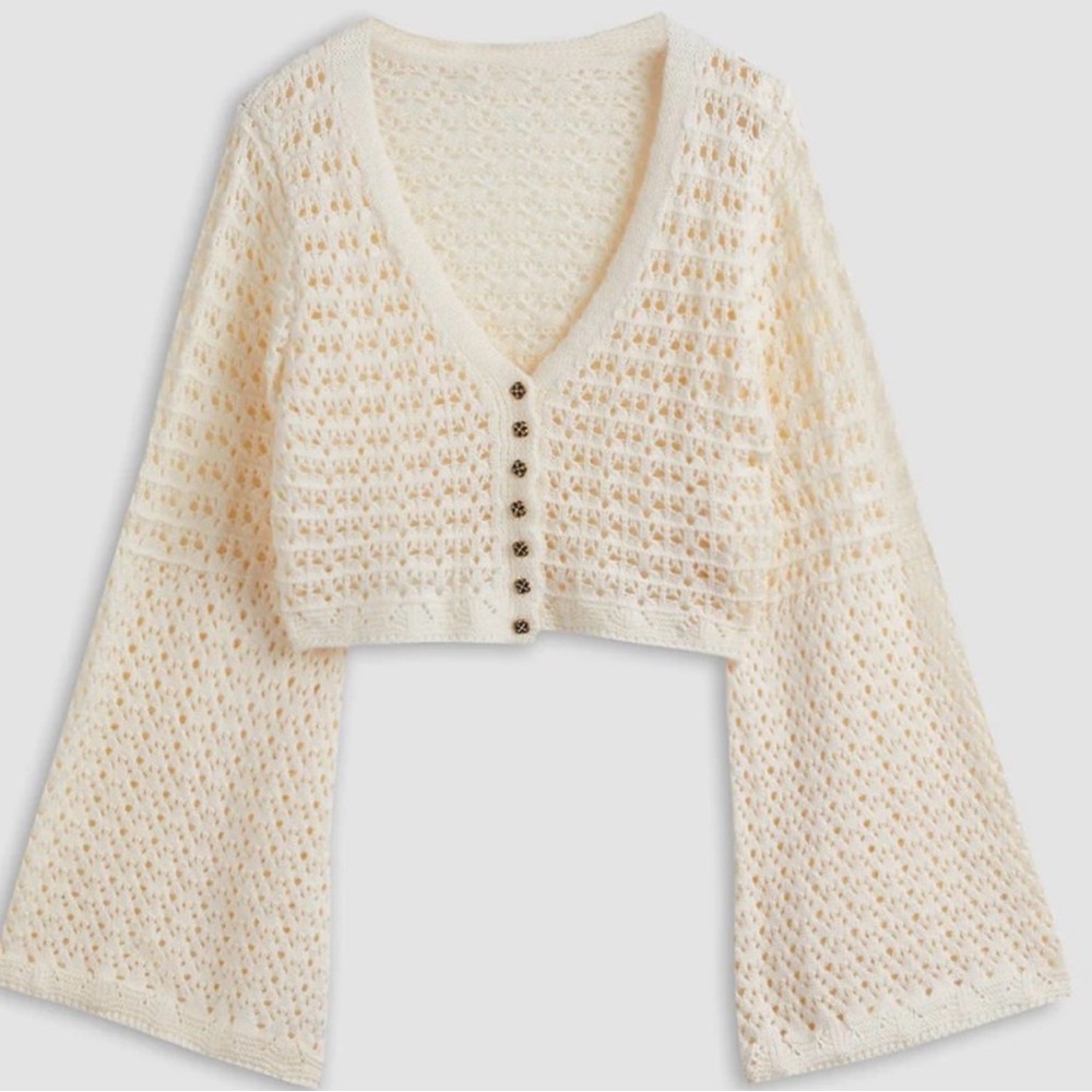 Commense Open-Knit Cropped Button-Front Cardigan in Cream